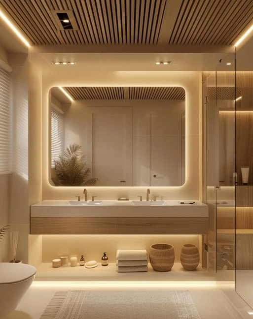 Inspirationsbild: modernt skandinaviskt badrum i kvällsljus med infällda spotlights i taket, stor spegel med mjukt funktionsljus och varm indirekt LED-belysning under en vägghängd kommod