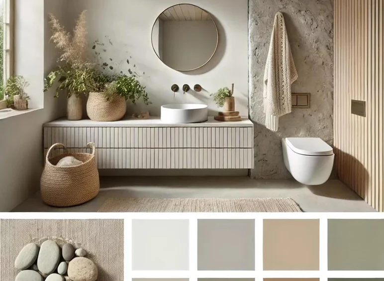 Harmonisk badrumsmiljö i varma neutrala toner av greige, sand och beige med naturmaterial
